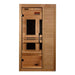 Front view of Golden Designs Maxxus S-Line 1 Person Ultra Low EMF Far Infrared Sauna showing a cedar-toned cabin, clear glass door and carbon panels behind the bench
