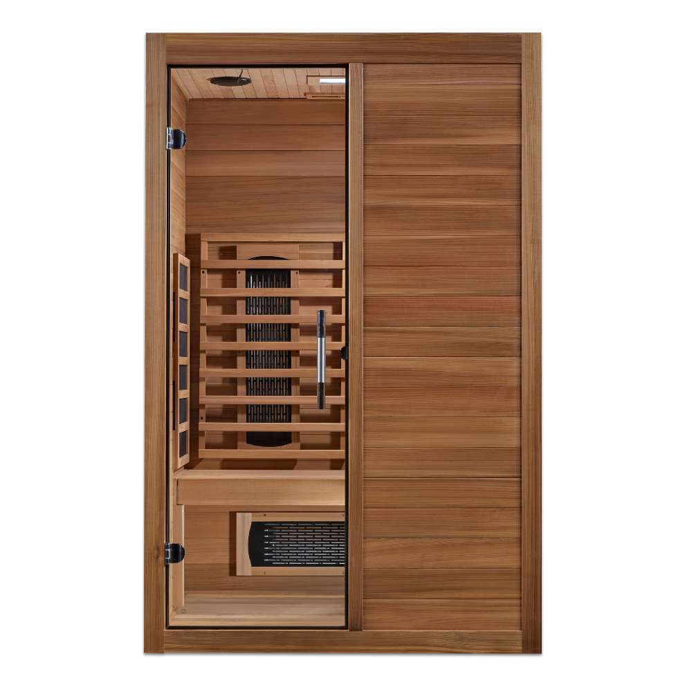 Front view of Golden Designs Maxxus S-Line 2 Person Full Spectrum Infrared Sauna in Pacific Cedar showing a Pacific cedar cabin, glass door and glowing near infrared heater