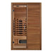 Front view of Golden Designs Maxxus S-Line 2 Person Full Spectrum Infrared Sauna in Pacific Cedar showing a Pacific cedar cabin, glass door and glowing near infrared heater