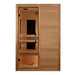 Front view of Golden Designs Maxxus S-Line 2 Person Ultra Low EMF Far Infrared Sauna showing a cedar-toned cabin, clear glass door and carbon panels behind the bench