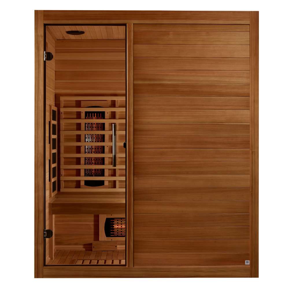 Front view of Golden Designs Maxxus S-Line 3 Person Full Spectrum Infrared Sauna in Pacific Cedar showing a Pacific cedar cabin, glass door and glowing near infrared heater below the bench