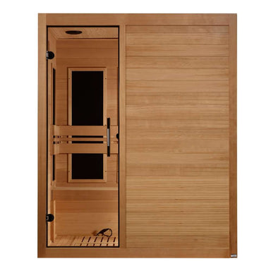 Front view of Golden Designs Maxxus S-Line 3 Person Low EMF Far Infrared Sauna showing a cedar-toned cabin, clear glass door and carbon panels behind the bench