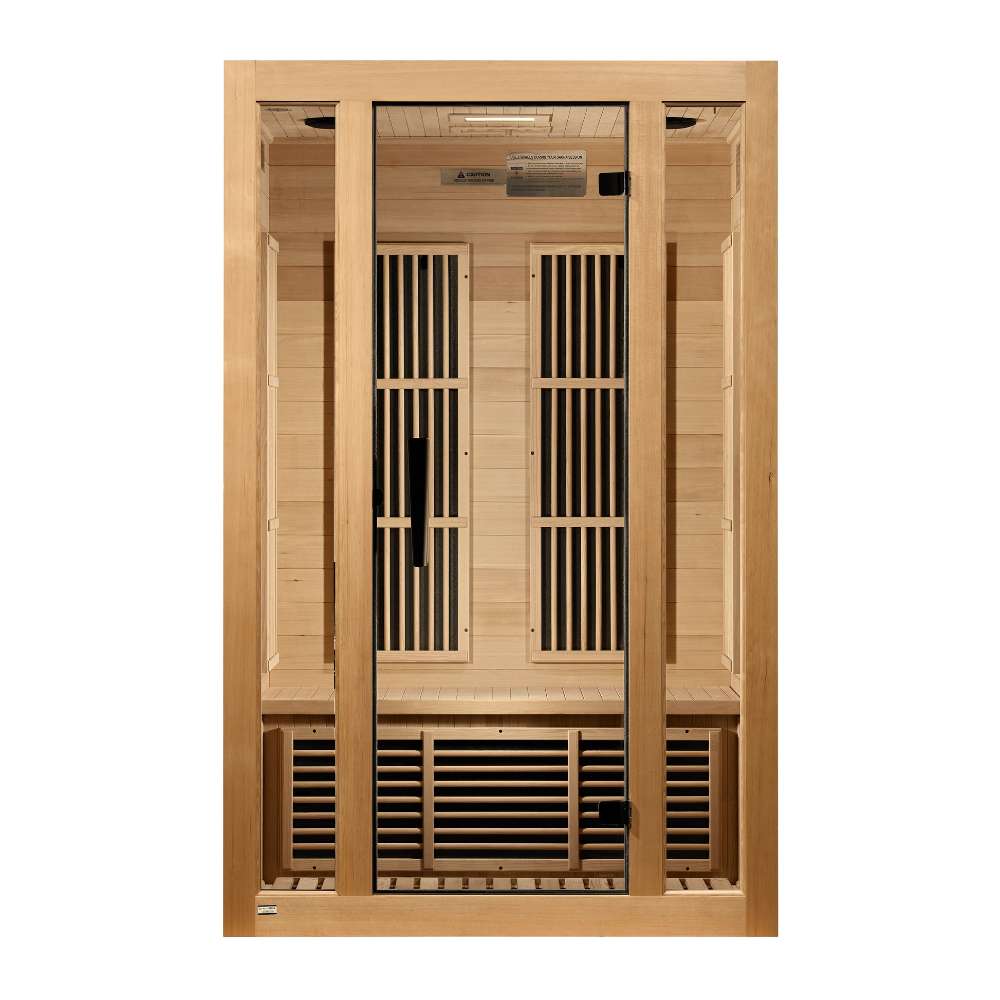 Front view of Golden Designs Maxxus Seattle 2 Person Low EMF Far Infrared Sauna showing a hemlock cabin, clear glass door and carbon panels
