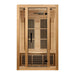 Front view of Golden Designs Maxxus Seattle 2 Person Low EMF Far Infrared Sauna showing a hemlock cabin, clear glass door and carbon panels
