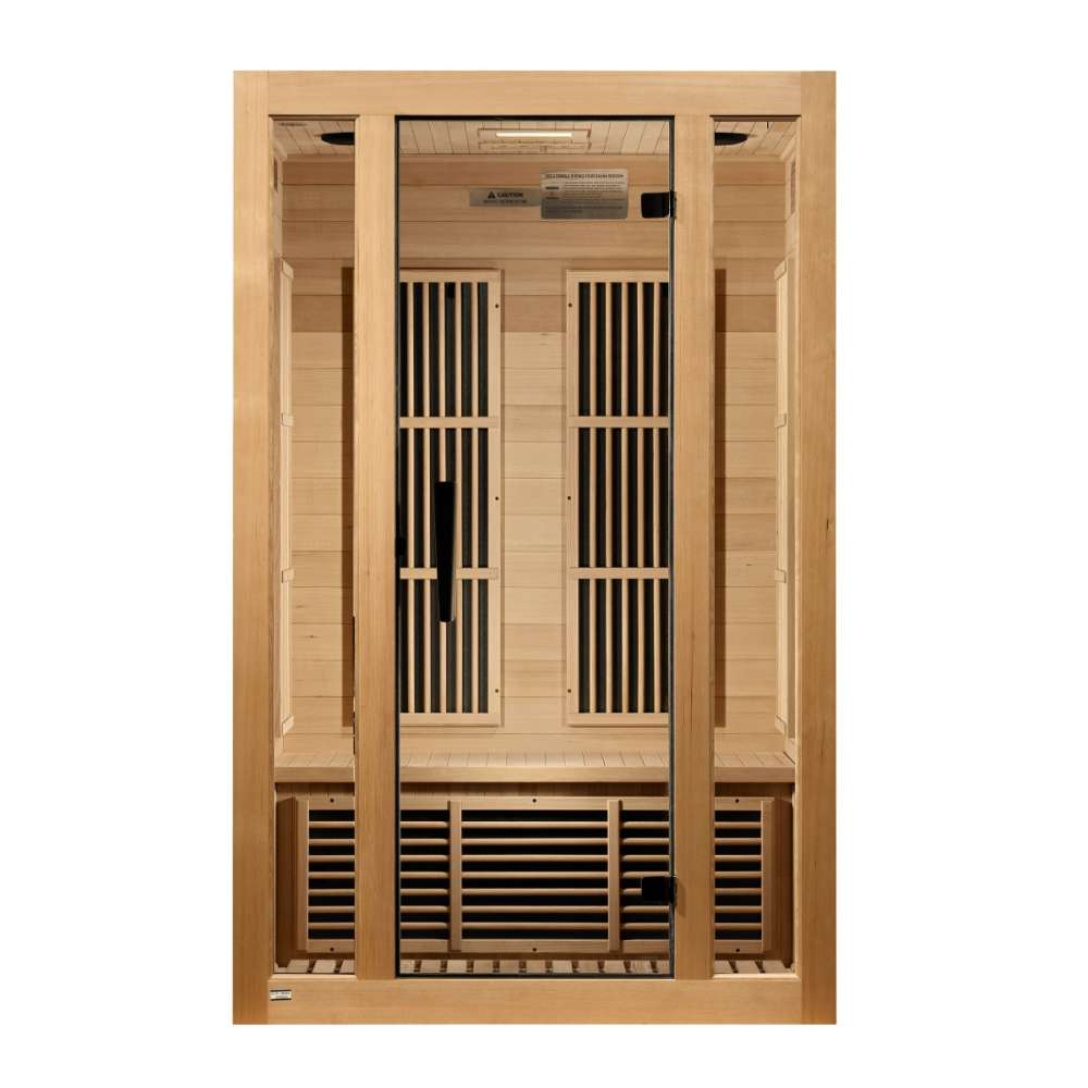 Front view of Golden Designs Maxxus Seattle 2 Person Near Zero EMF Far Infrared Sauna showing a hemlock cabin, clear glass door and carbon panels