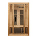 Front view of Golden Designs Maxxus Seattle 2 Person Near Zero EMF Far Infrared Sauna showing a hemlock cabin, clear glass door and carbon panels