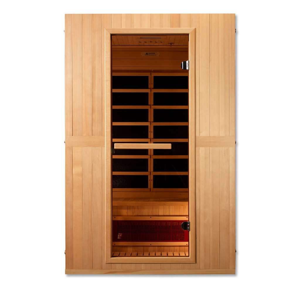 Front view of Golden Designs Maxxus Serenity Dual Tech 2 Person Low EMF Far Infrared Sauna showing a hemlock cabin, clear glass door and a glowing heater under the bench