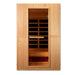 Front view of Golden Designs Maxxus Serenity Dual Tech 2 Person Low EMF Far Infrared Sauna showing a hemlock cabin, clear glass door and a glowing heater under the bench