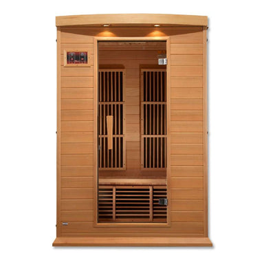 Front view of Golden Designs Maxxus Toulose 2 Person Low EMF Far Infrared Sauna showing a hemlock cabin, bronze glass door and roof accent lights