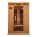 Front view of Golden Designs Maxxus Toulose 2 Person Low EMF Far Infrared Sauna showing a hemlock cabin, bronze glass door and roof accent lights