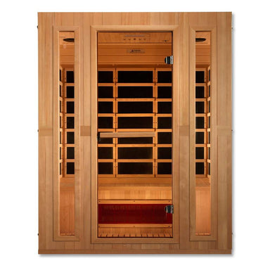 Front view of Golden Designs Maxxus Trinity Dual Tech 3 Person Low EMF Far Infrared Sauna showing a hemlock cabin, clear glass door and a glowing heater below the bench