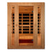 Front view of Golden Designs Maxxus Trinity Dual Tech 3 Person Low EMF Far Infrared Sauna showing a hemlock cabin, clear glass door and a glowing heater below the bench