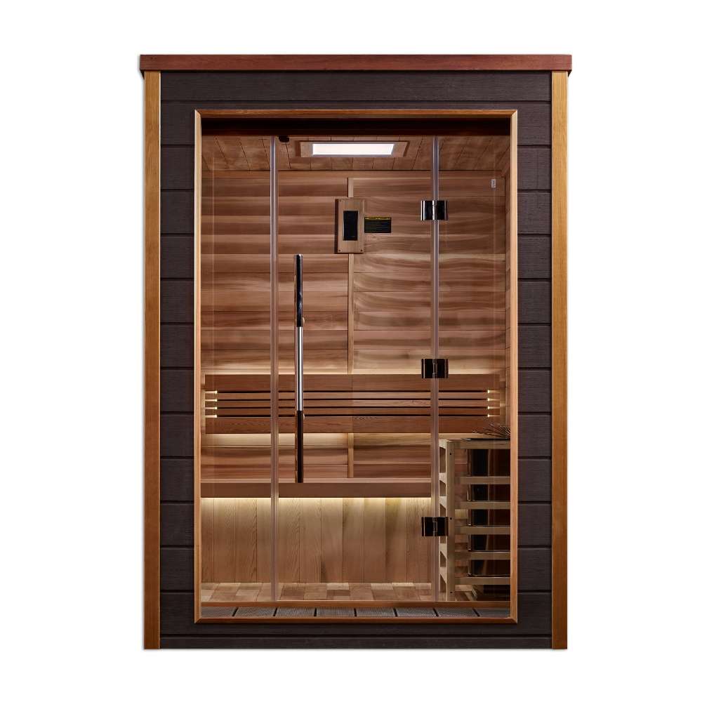 Front view of Golden Designs Narvik 2 Person Outdoor-Indoor Traditional Sauna showing a dark exterior, glass front, two-level cedar benches and a guarded stove