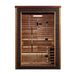 Front view of Golden Designs Narvik 2 Person Outdoor-Indoor Traditional Sauna showing a dark exterior, glass front, two-level cedar benches and a guarded stove