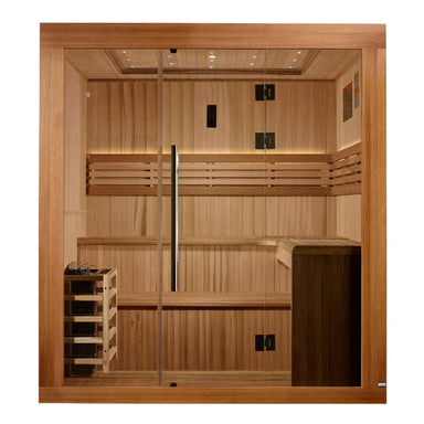 Front view of Golden Designs Osla 6 Person Traditional Sauna showing a full glass front, star lights in the ceiling and a guarded stove on the left
