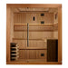 Front view of Golden Designs Osla 6 Person Traditional Sauna showing a full glass front, star lights in the ceiling and a guarded stove on the left