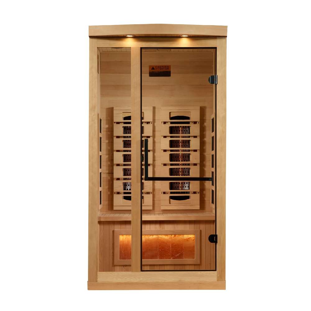 Front view of Golden Designs Reserve Edition 1 Person Full Spectrum Sauna with Himalayan Salt Bar showing a glass door with a black handle, carbon panels and a glowing salt bar