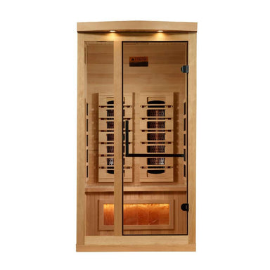 Front view of Golden Designs Reserve Edition 1 Person Full Spectrum Sauna with Himalayan Salt Bar showing a glass door with a black handle, carbon panels and a glowing salt bar