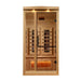 Front view of Golden Designs Reserve Edition 1 Person Full Spectrum Sauna with Himalayan Salt Bar showing a glass door with a black handle, carbon panels and a glowing salt bar