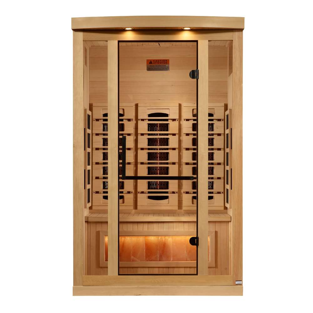 Front view of Golden Designs Reserve Edition 2 Person Full Spectrum Sauna with Himalayan Salt Bar showing a glass door with a black handle, carbon panels and a glowing salt bar
