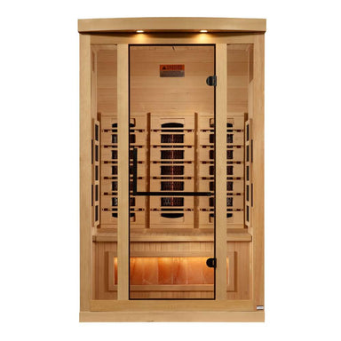 Front view of Golden Designs Reserve Edition 2 Person Full Spectrum Sauna with Himalayan Salt Bar showing a glass door with a black handle, carbon panels and a glowing salt bar