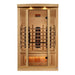 Front view of Golden Designs Reserve Edition 2 Person Full Spectrum Sauna with Himalayan Salt Bar showing a glass door with a black handle, carbon panels and a glowing salt bar