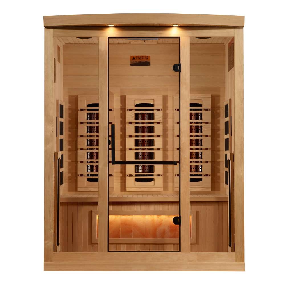 Front view of Golden Designs Reserve Edition 3 Person Full Spectrum Sauna with Himalayan Salt Bar showing a hemlock cabin, a glass door and a glowing salt bar under the bench