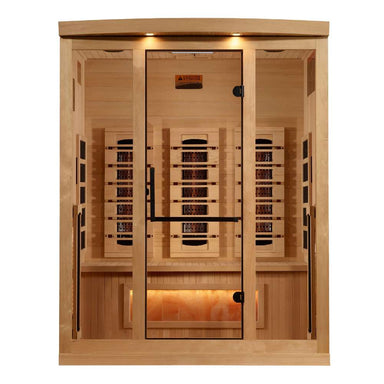 Front view of Golden Designs Reserve Edition 3 Person Full Spectrum Sauna with Himalayan Salt Bar showing a hemlock cabin, a glass door and a glowing salt bar under the bench