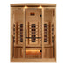 Front view of Golden Designs Reserve Edition 3 Person Full Spectrum Sauna with Himalayan Salt Bar showing a hemlock cabin, a glass door and a glowing salt bar under the bench