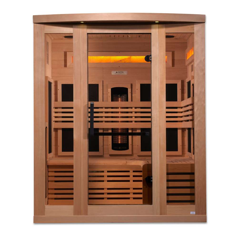 Front view of Golden Designs Reserve Edition 3 Person Near Zero EMF Full Spectrum Sauna with Himalayan Salt Bar showing a glass front, a glowing salt bar above the backrest and carbon panels