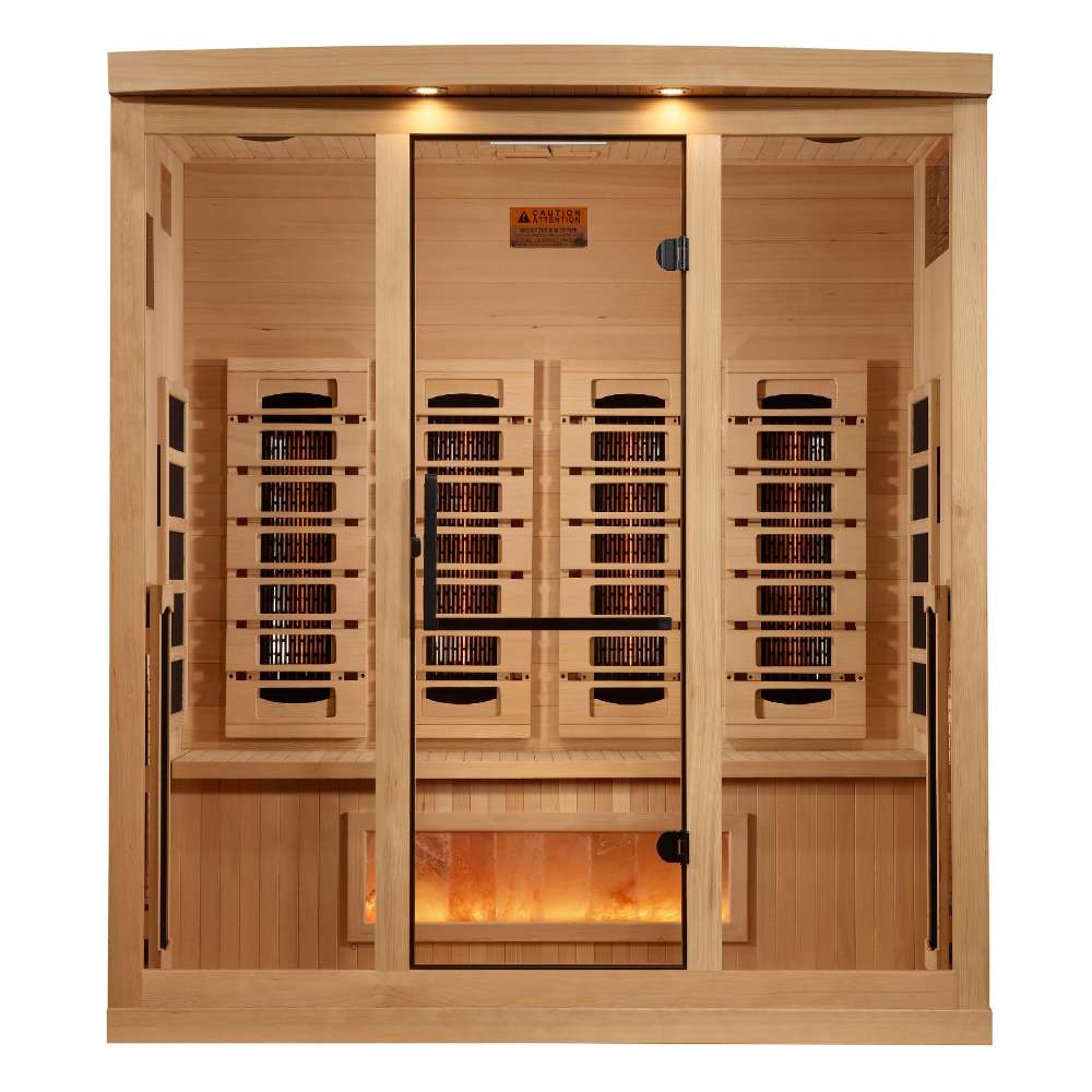 Front view of Golden Designs Reserve Edition 4 Person Full Spectrum Sauna with Himalayan Salt Bar showing a glass door with a black handle, carbon panels and a glowing salt bar