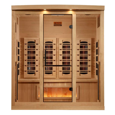 Front view of Golden Designs Reserve Edition 4 Person Full Spectrum Sauna with Himalayan Salt Bar showing a glass door with a black handle, carbon panels and a glowing salt bar