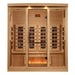 Front view of Golden Designs Reserve Edition 4 Person Full Spectrum Sauna with Himalayan Salt Bar showing a glass door with a black handle, carbon panels and a glowing salt bar