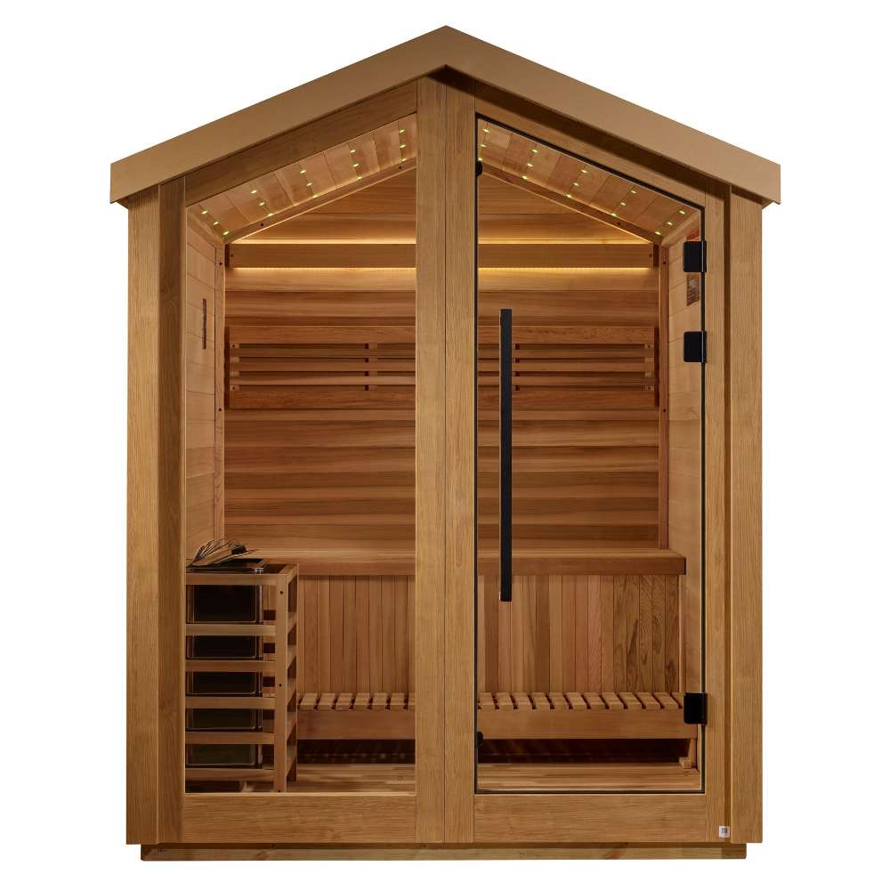 Front view of Golden Designs Savonlinna 3 Person Barn Outdoor Traditional Sauna showing a gable roof, double glass doors, benches and a guarded stove