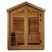 Front view of Golden Designs Savonlinna 3 Person Barn Outdoor Traditional Sauna showing a gable roof, double glass doors, benches and a guarded stove