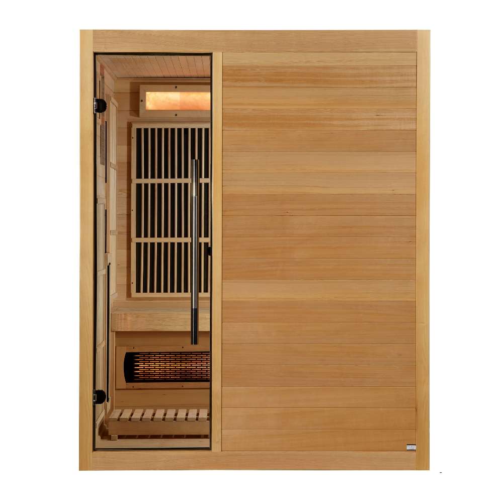 Front view of Golden Designs Soria 3 Person Indoor Hybrid Sauna with Full Spectrum IR and Harvia Stove showing a glass door, cedar walls, carbon panels and a near infrared heater under the bench