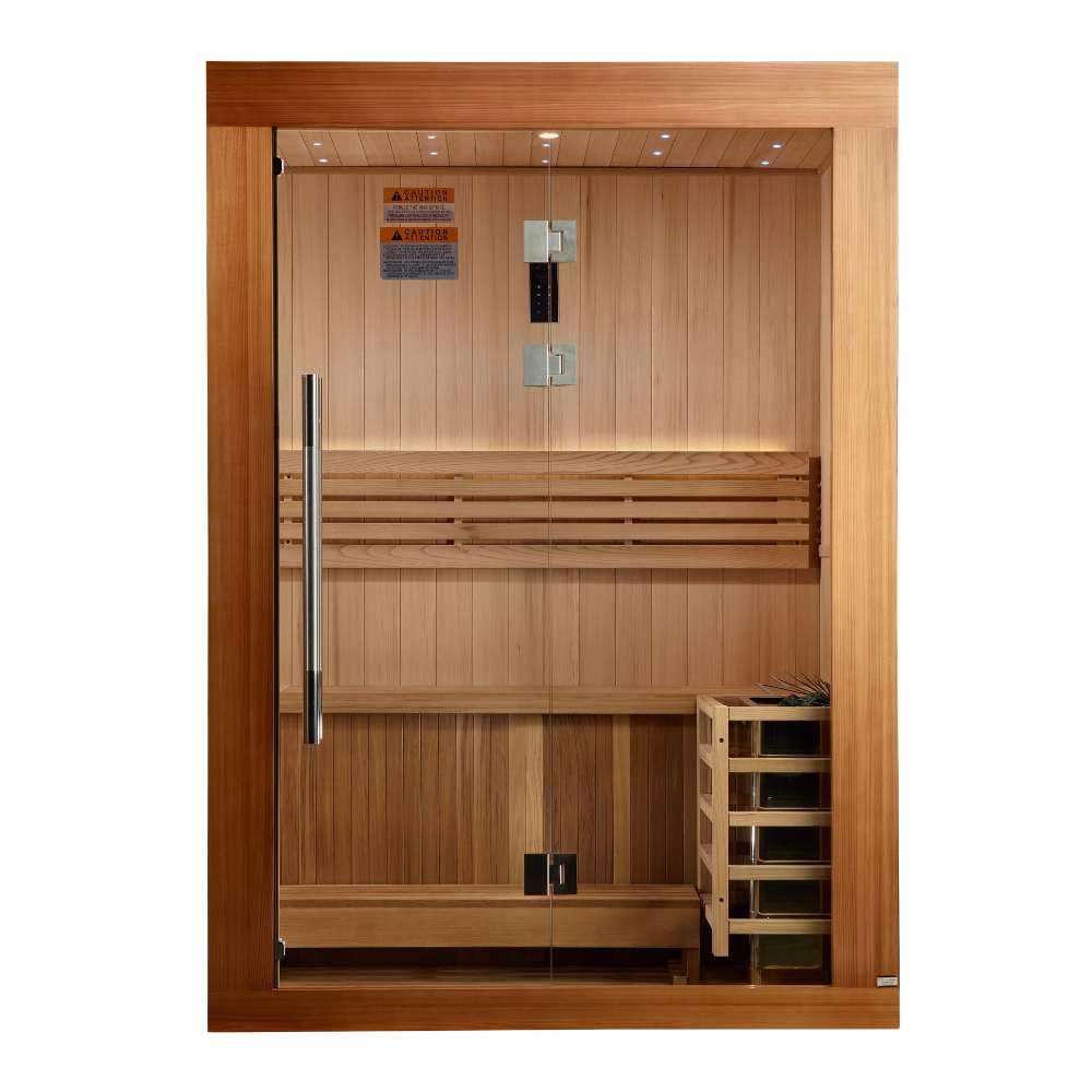 Front view of Golden Designs Sundsvall 2 Person Traditional Sauna showing a cedar frame, glass front with a long handle, slatted benches and a guarded stove