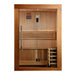 Front view of Golden Designs Sundsvall 2 Person Traditional Sauna showing a cedar frame, glass front with a long handle, slatted benches and a guarded stove