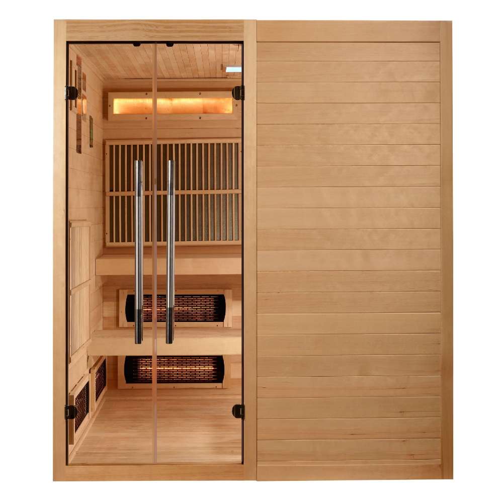 Front view of Golden Designs Toledo 6 Person Indoor Hybrid Sauna with Full Spectrum IR and Harvia Stove showing glass double doors beside a solid hemlock wall and infrared heaters inside