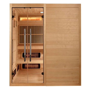 Front view of Golden Designs Toledo 6 Person Indoor Hybrid Sauna with Full Spectrum IR and Harvia Stove showing glass double doors beside a solid hemlock wall and infrared heaters inside