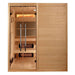 Front view of Golden Designs Toledo 6 Person Indoor Hybrid Sauna with Full Spectrum IR and Harvia Stove showing glass double doors beside a solid hemlock wall and infrared heaters inside