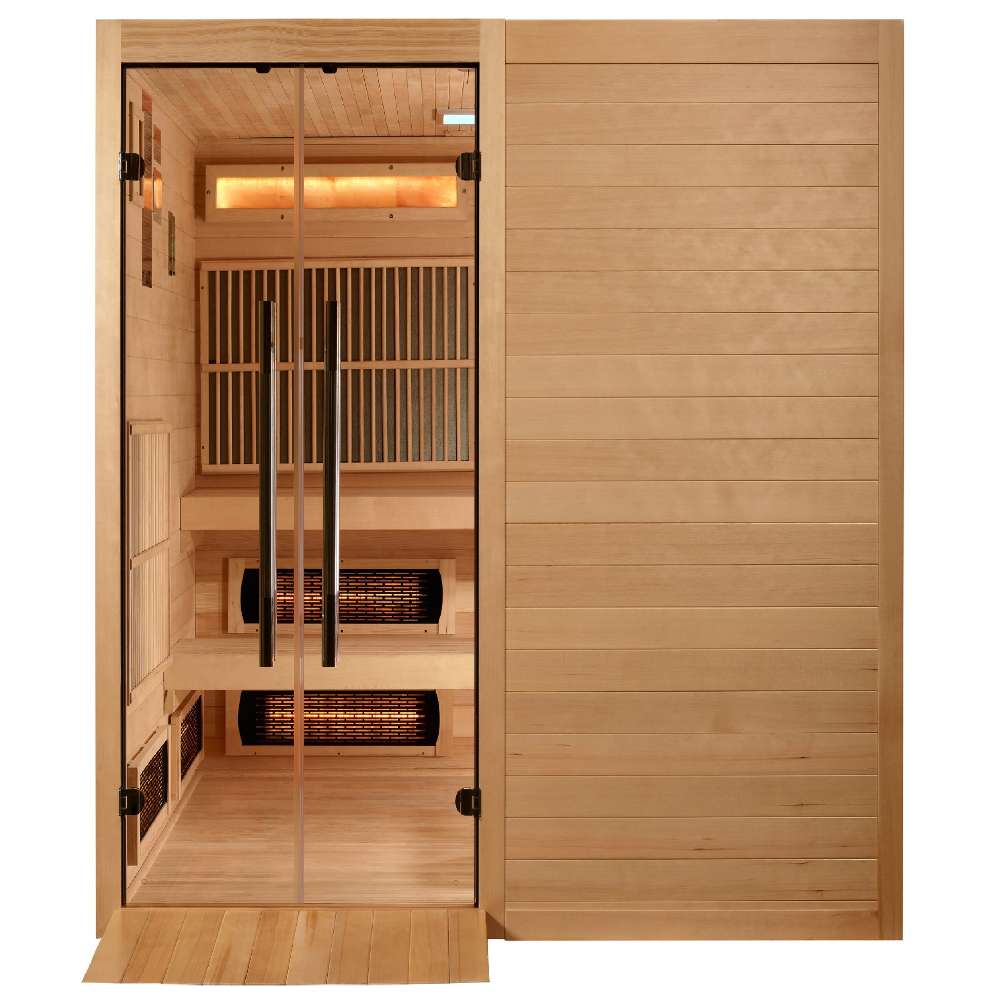 Front view of Golden Designs Toledo 6 Person Indoor Hybrid Sauna with Full Spectrum IR and Harvia Stove with a wooden wheelchair ramp leading up to its glass double doors