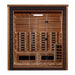Front view of Golden Designs Visby 3 Person Outdoor-Indoor PureTech Hybrid Full Spectrum Sauna showing a dark gray exterior with cedar trim, glass double doors and infrared panels inside