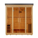 Front view of Golden Designs Vorarlberg 5 Person Traditional Flat Roof Outdoor Sauna showing a black flat roof, wide glass front with long handles, slatted benches and a guarded stove