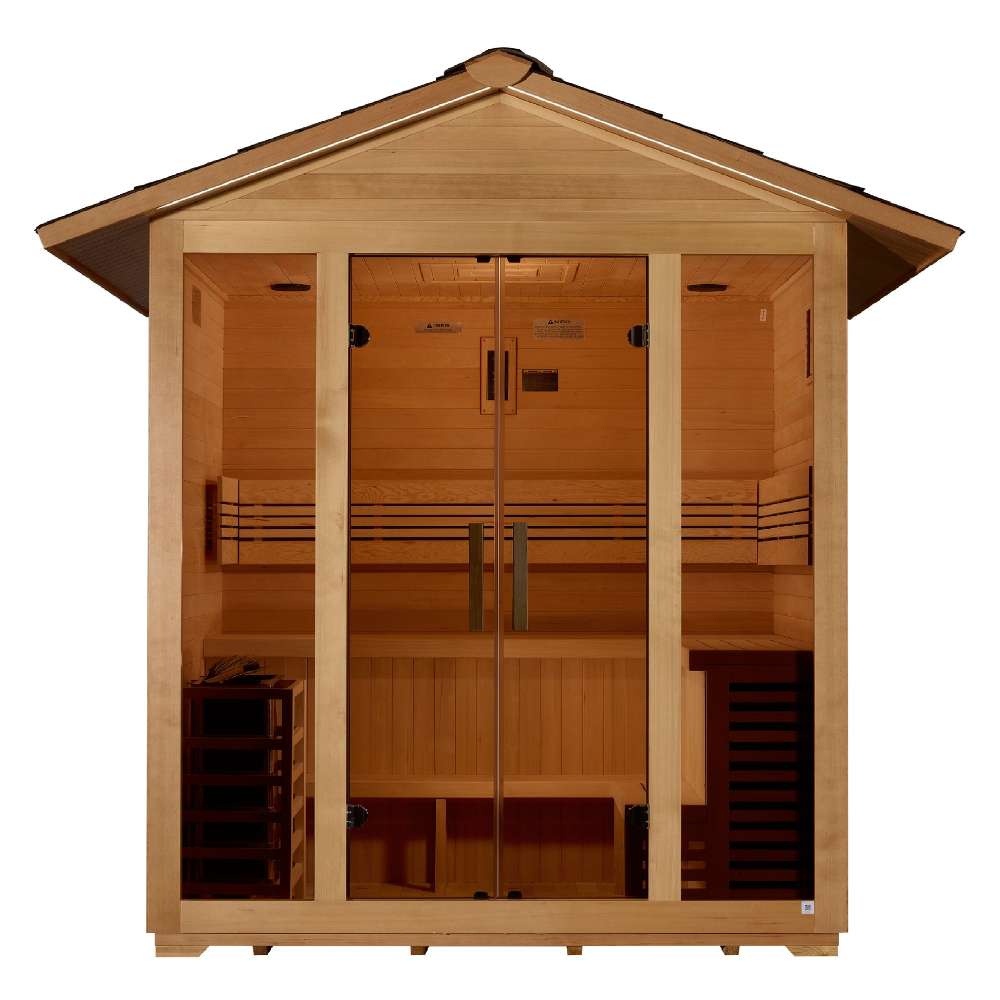 Front view of Golden Designs Vorarlberg 5 Person Traditional Outdoor Sauna showing a gabled roof, glass double doors and a guarded stove on the left