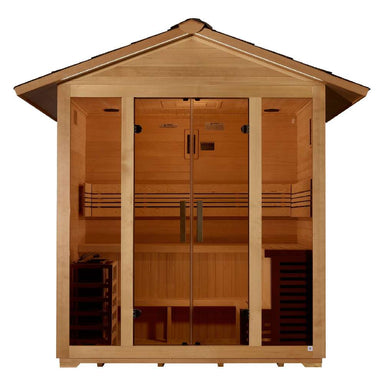 Front view of Golden Designs Vorarlberg 5 Person Traditional Outdoor Sauna showing a gabled roof, glass double doors and a guarded stove on the left
