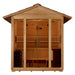 Front view of Golden Designs Vorarlberg 5 Person Traditional Outdoor Sauna showing a gabled roof, glass double doors and a guarded stove on the left