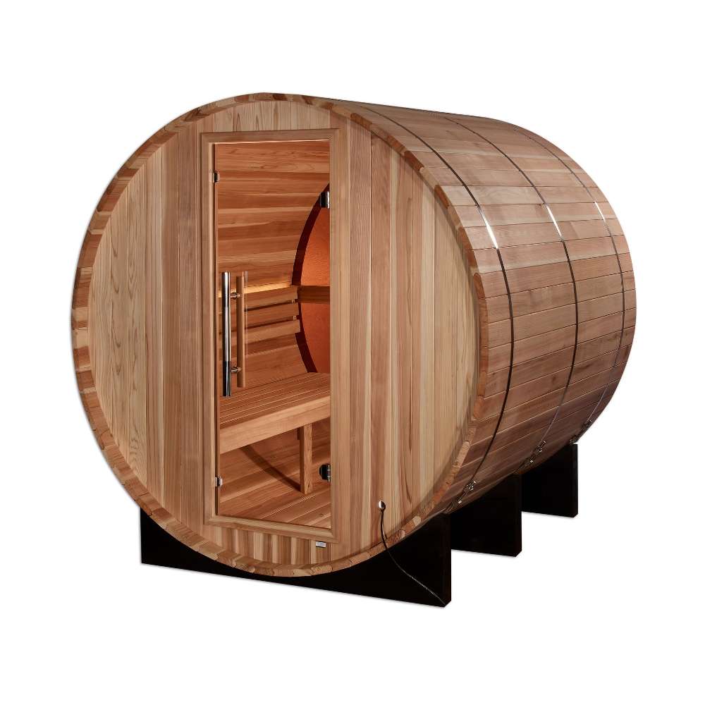 Front view of Golden Designs Zurich 4 Person Barrel with Bronze Privacy View Traditional Sauna showing the round cedar barrel, glass door and steel bands on black cradles