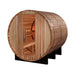 Front view of Golden Designs Zurich 4 Person Barrel with Bronze Privacy View Traditional Sauna showing the round cedar barrel, glass door and steel bands on black cradles
