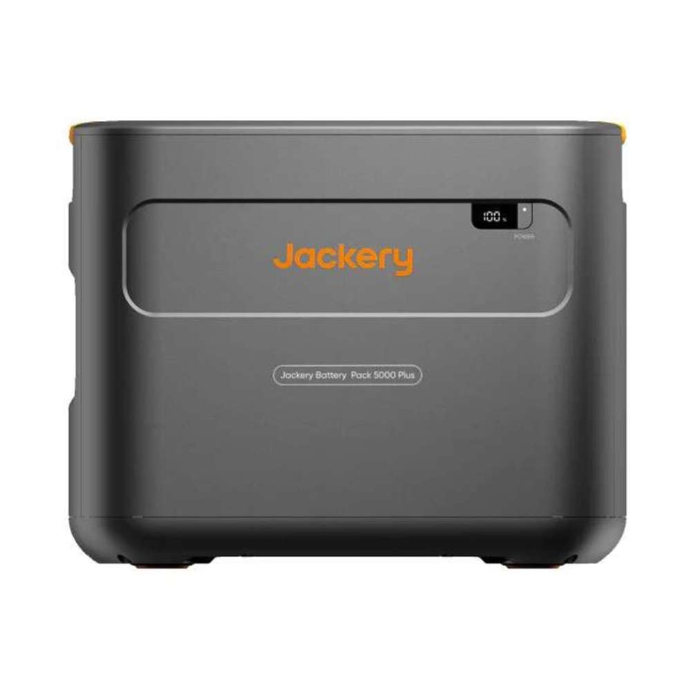 Front view of Jackery Battery Pack 5000 Plus showing its compact design, battery indicator, and integrated carrying handles